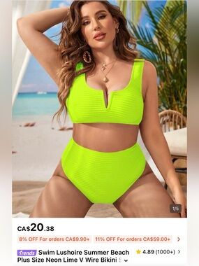 NWT SHEIN women’s bikini size 14 (1X) high waisted neon green